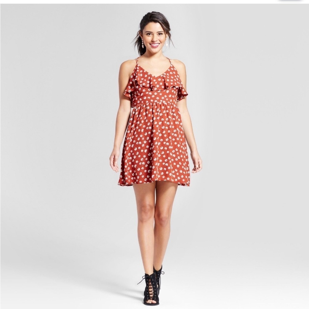 Xhilaration Rust Red Floral Ruffle Sleeveless Mini Dress Size Medium